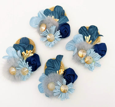 Hand Embroidered Blue Floral Applique With Feather Pom Poms and Stones, 2 Pcs